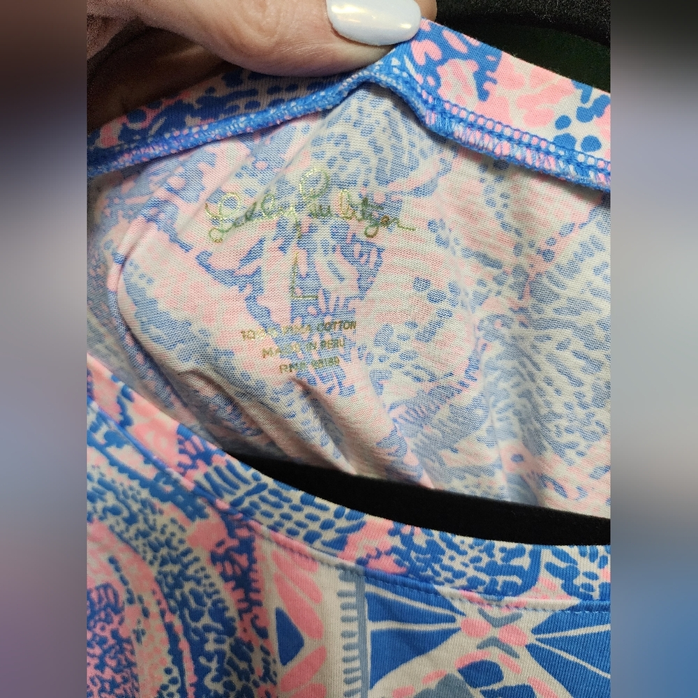 Lilly Pulitzer Pink & Blue Printed Shift Dress Size L Tie Sleeve - Picture 2 of 3